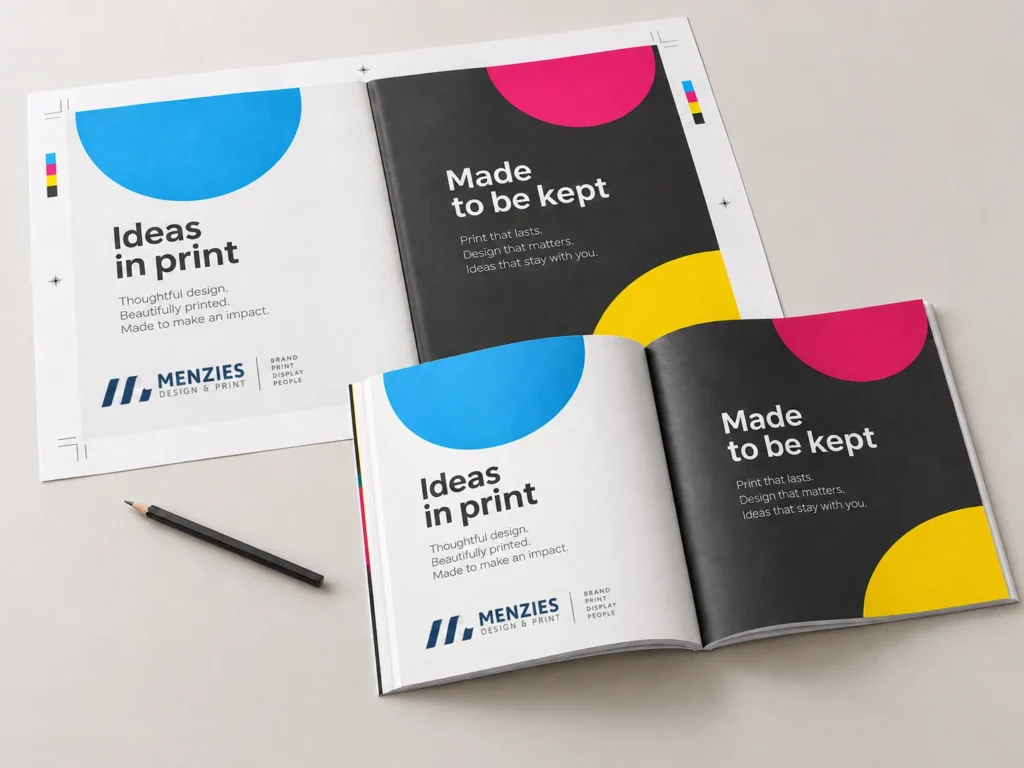 Illustrative mockup of a brochure proof with crop marks beside the same design in a finished brochure.