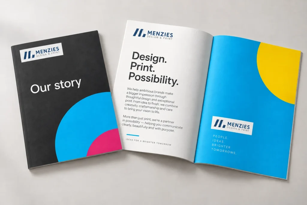 Illustrative mockup of a dark Menzies company brochure cover beside a colourful inside spread.