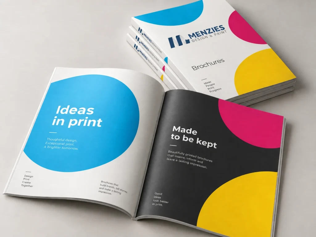 Illustrative mockup of an open Menzies brochure beside a stack of printed brochures.