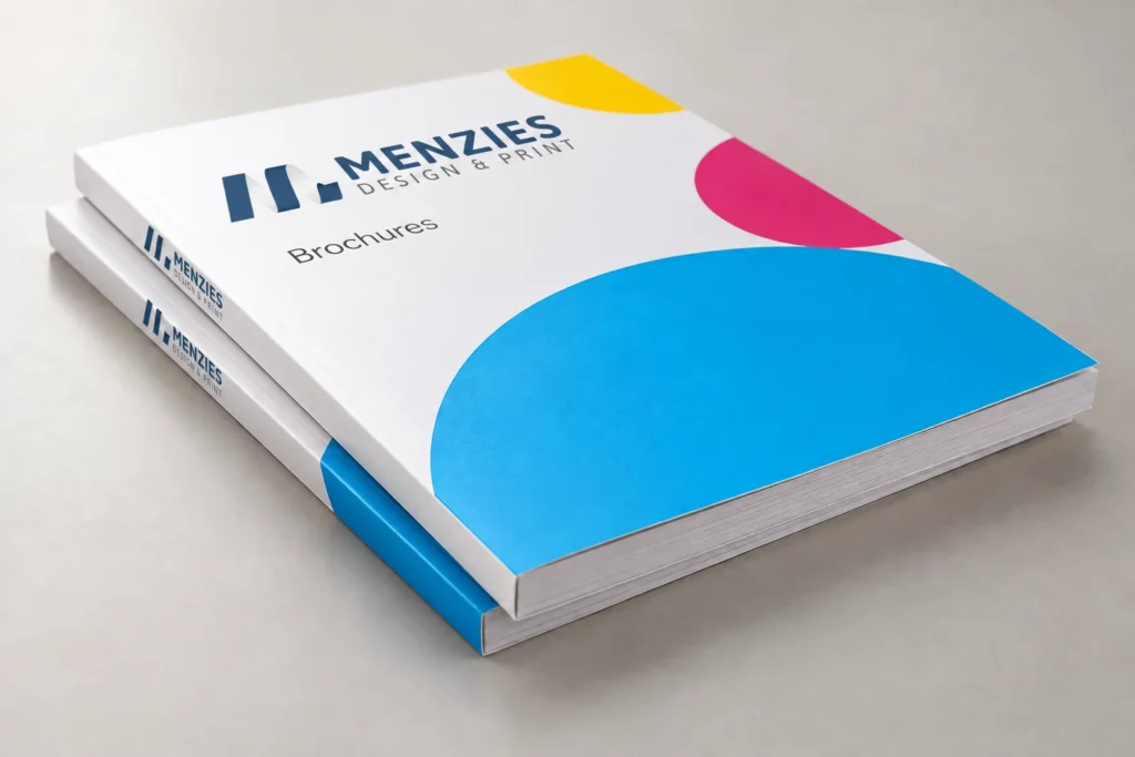 Illustrative mockup of Menzies brochures showing square spines and neatly bound pages.