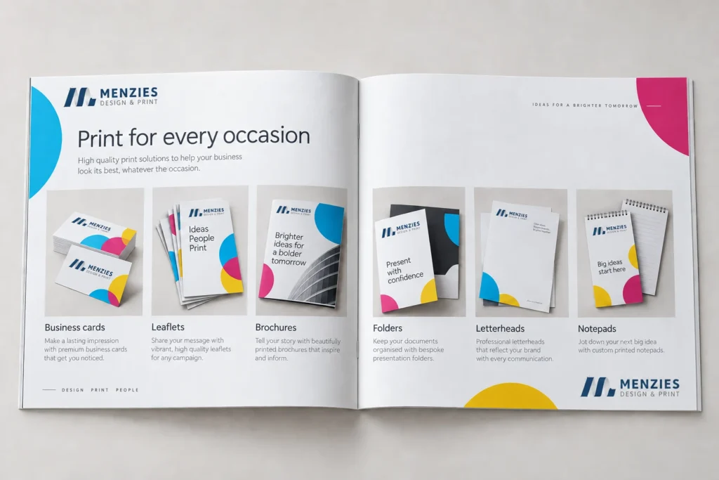 Illustrative open brochure showing business cards, leaflets, brochures, folders, letterheads and notepads.