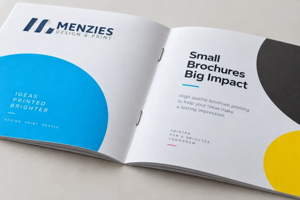 Illustrative close-up of two staples securing the centre fold of a Menzies brochure.