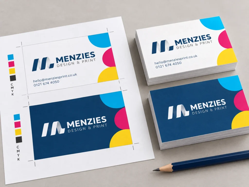 Illustrative business card artwork proof beside matching finished cards.