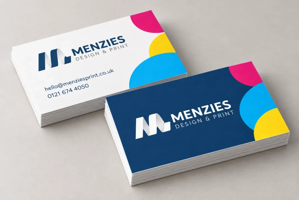 Illustrative business cards showing a navy branded reverse and white contact face.
