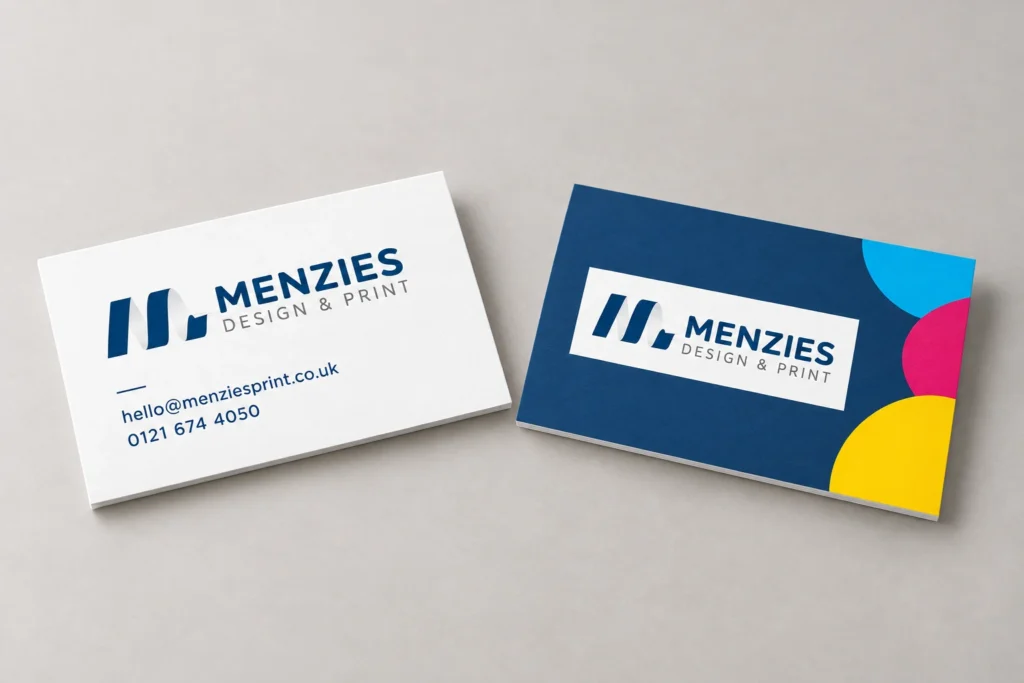 Illustrative Menzies business card front and branded reverse.