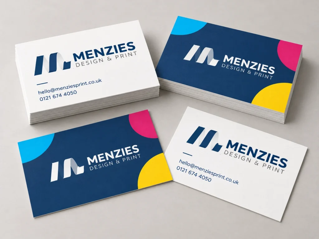 Illustrative Menzies business cards showing branded faces, contact details and card edges.