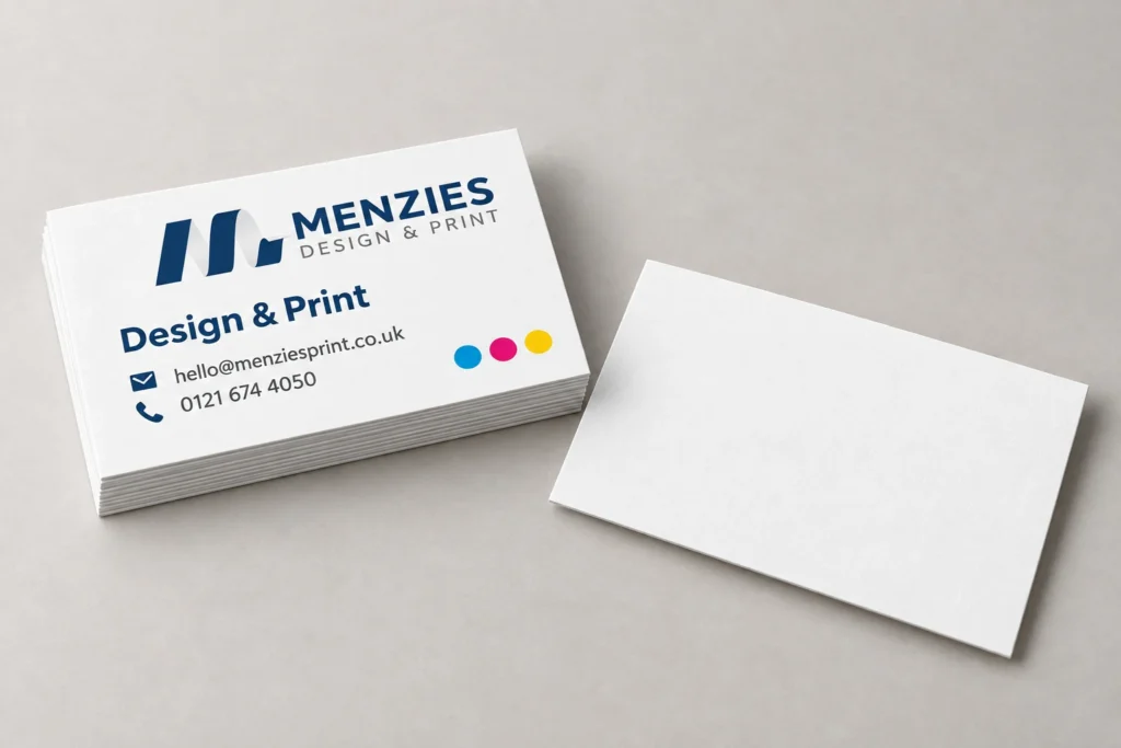 Illustrative single-sided Menzies business card beside its blank reverse.