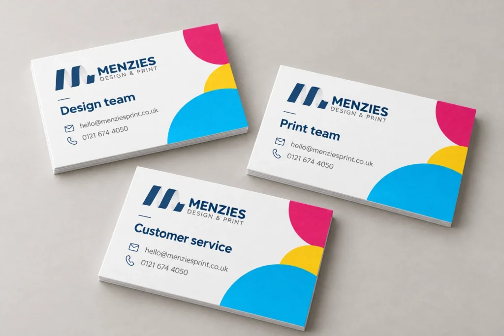 Illustrative coordinated Menzies card layouts for design, print and customer service teams.