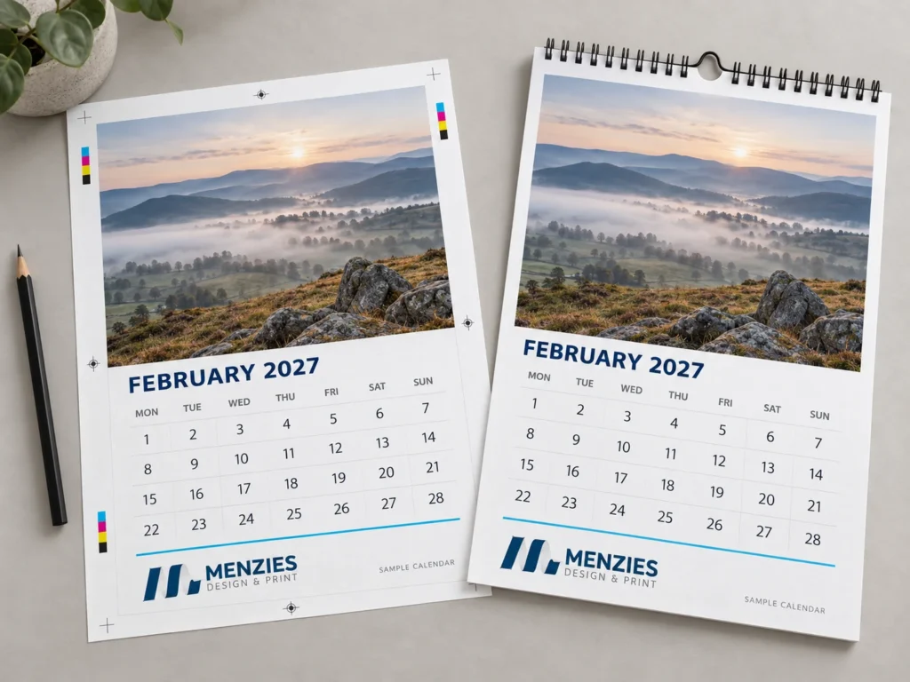 Illustrative February 2027 calendar artwork proof beside the matching finished calendar.
