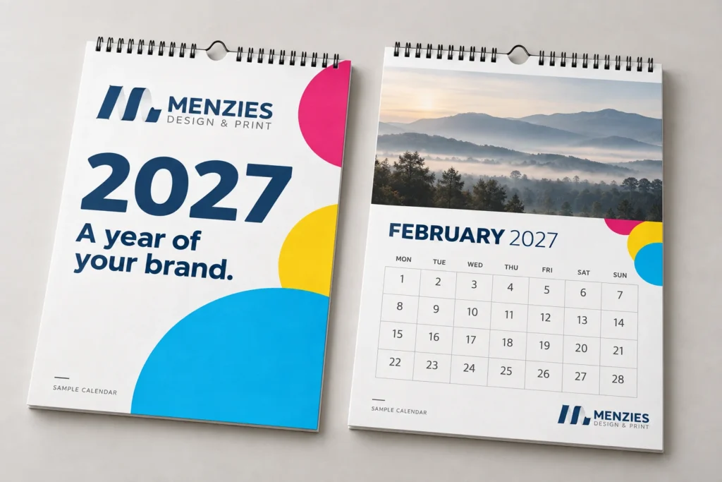 Illustrative Menzies 2027 calendar cover beside a matching February page.