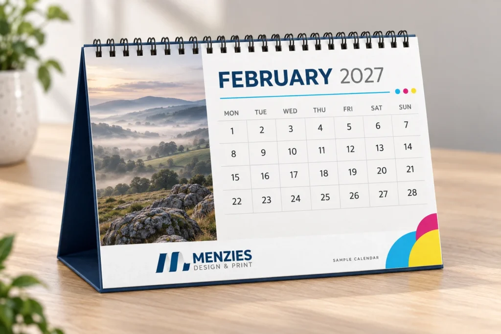 Illustrative branded February 2027 desk calendar on a triangular stand.
