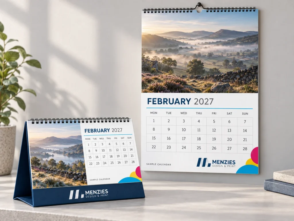 Illustrative branded wall and desk calendars displaying February 2027.
