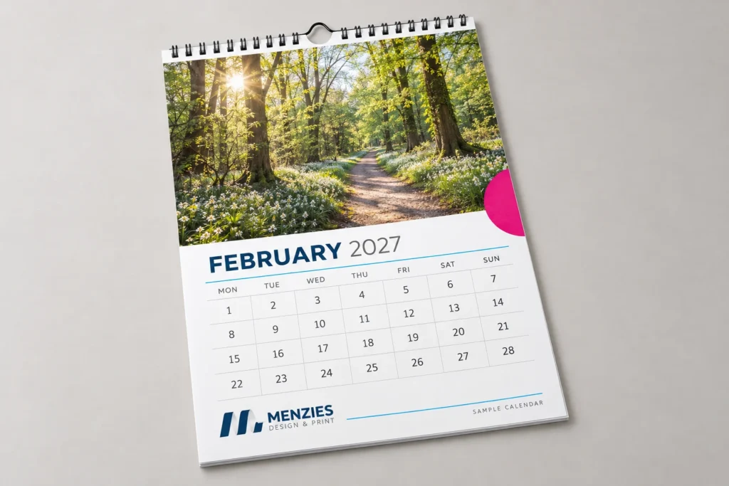 Illustrative photographic calendar page pairing a woodland image with a February 2027 grid.