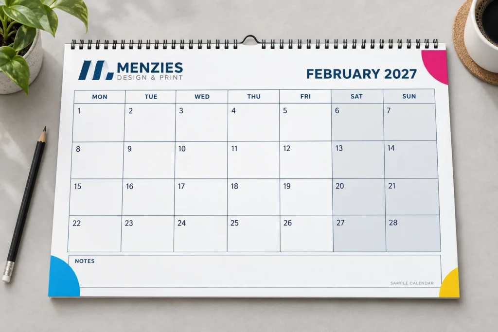 Illustrative February 2027 calendar with large blank date boxes and notes space.