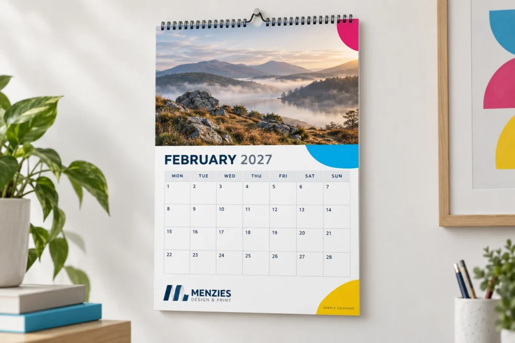 Illustrative wire-bound wall calendar with a landscape photograph and February 2027 date grid.