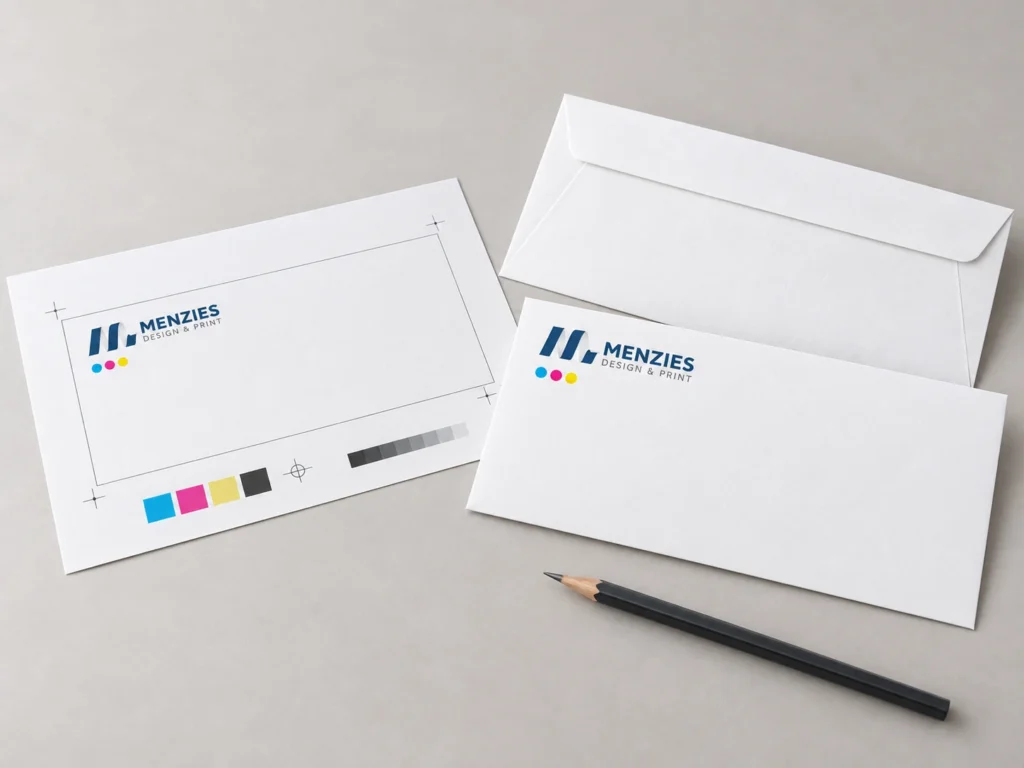 Illustrative envelope artwork proof beside the matching printed envelope.