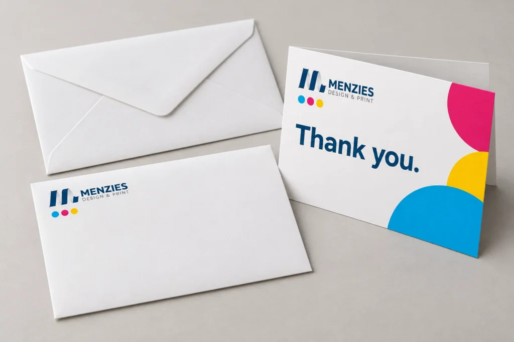 Illustrative Menzies thank-you card with a matching printed envelope.