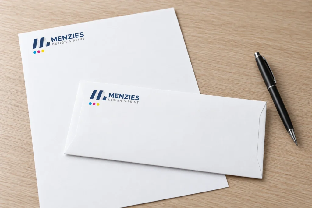 Illustrative branded business envelope beside matching Menzies letterhead.