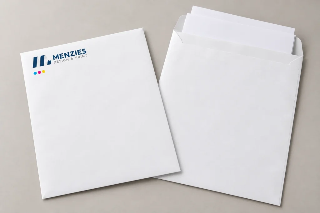 Illustrative large branded envelope beside an A4 document pack.