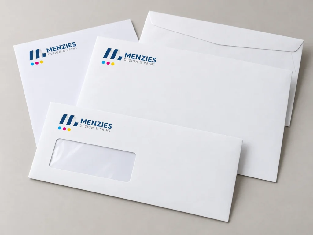 Illustrative Menzies envelopes in several sizes beside a matching letterhead.