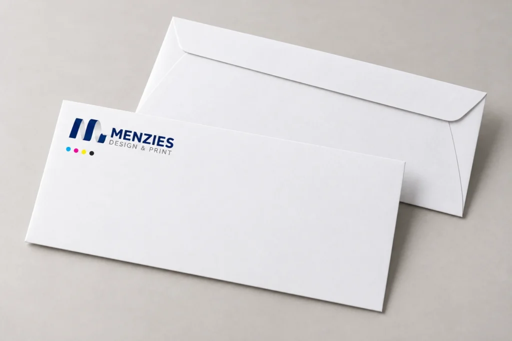 Illustrative Menzies non-window envelope with clear space for addressing and postage.