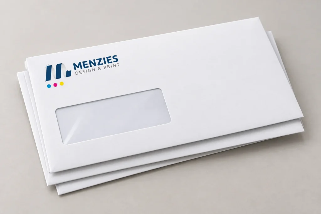 Illustrative branded window envelope with a blank insert visible through the window.