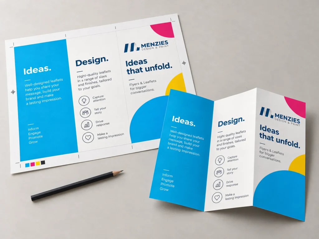 Illustrative flat artwork proof beside the matching folded Menzies leaflet.