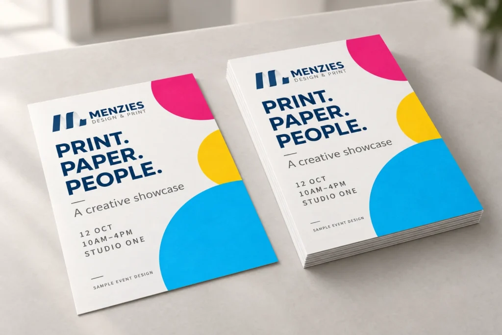 Illustrative Menzies event handouts on a counter, clearly labelled as a sample event design.