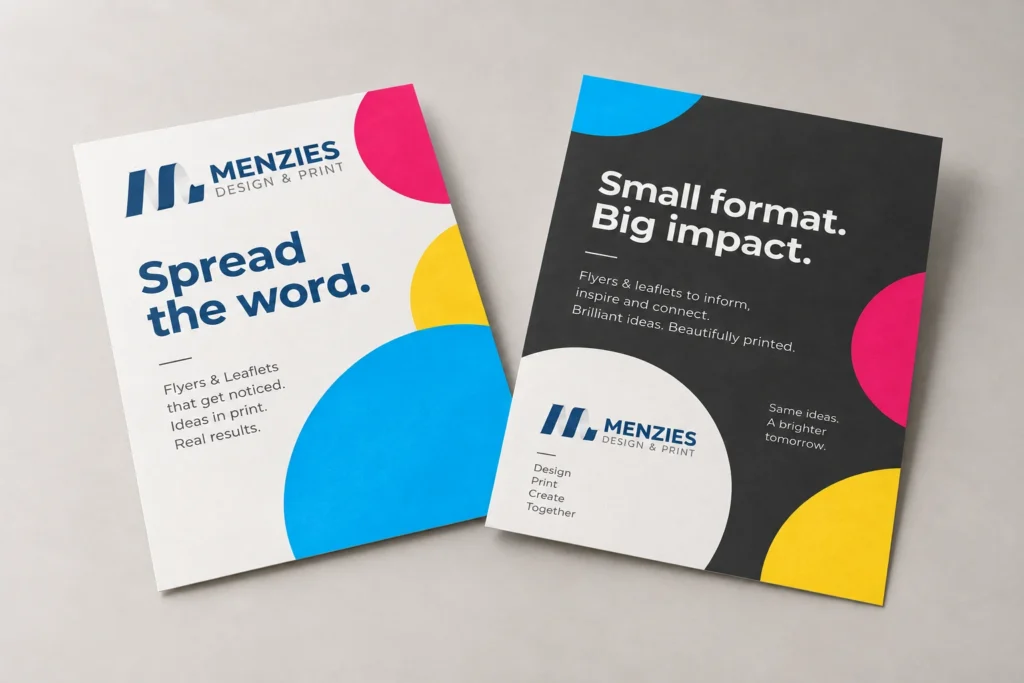 Illustrative front and reverse of a flat Menzies flyer with cyan, magenta and charcoal artwork.