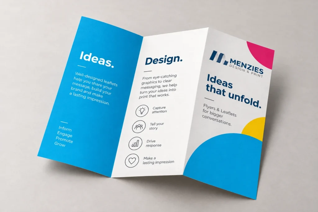 Illustrative Menzies leaflet partly opened to show its three panels and two fold lines.