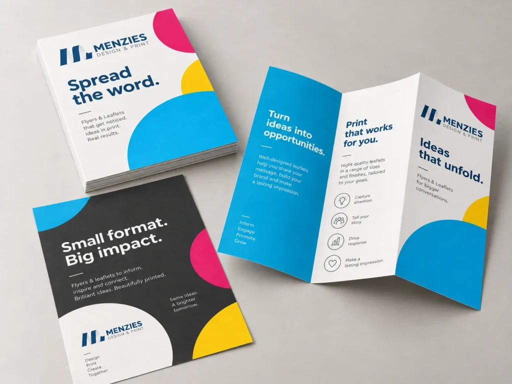Illustrative Menzies flyers and an open three-panel leaflet on a studio surface.