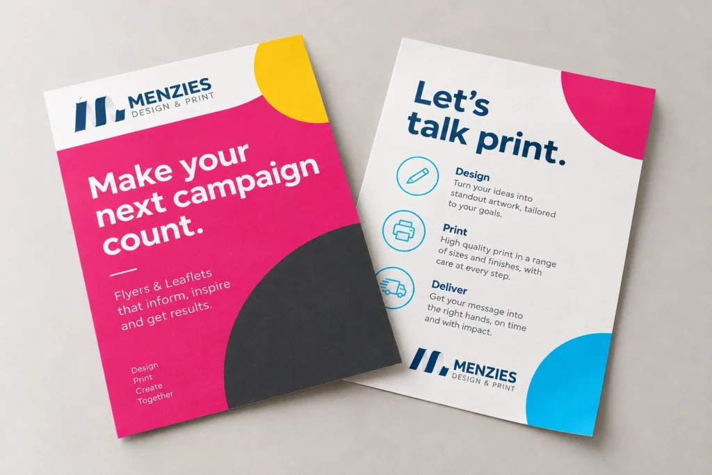 Illustrative magenta promotional flyer beside its reverse, using the original Menzies logo.