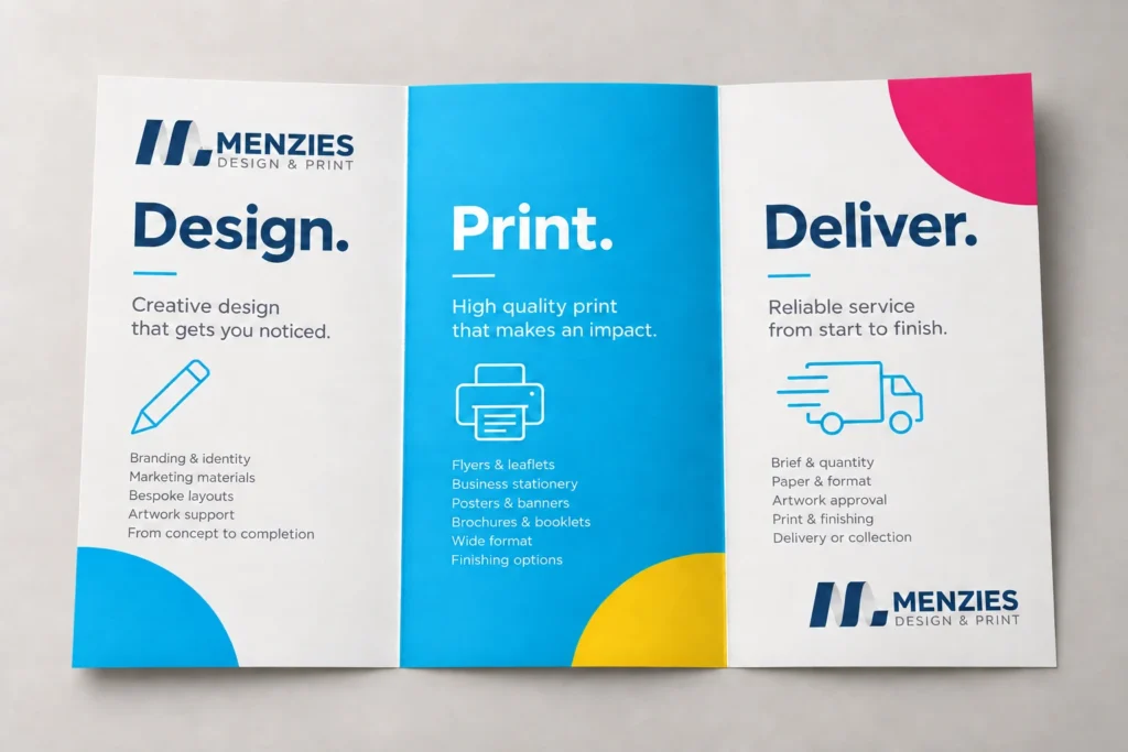 Illustrative open Menzies leaflet with Design, Print and Deliver panels.