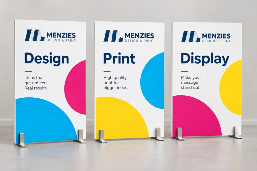 Illustrative coordinated Menzies Foamex panels arranged for an event.