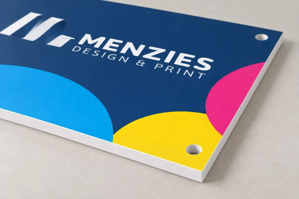 Illustrative close-up of a rigid printed board showing its white edge and drilled fixing holes.