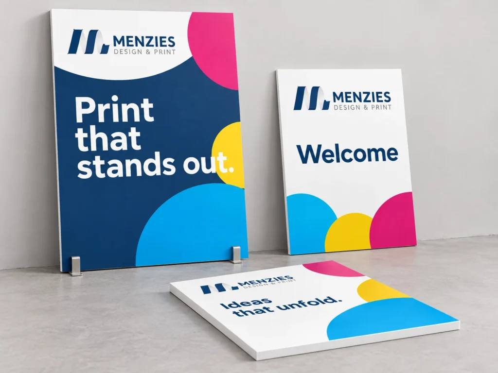 Illustrative Menzies rigid printed display boards showing printed faces and white edges.