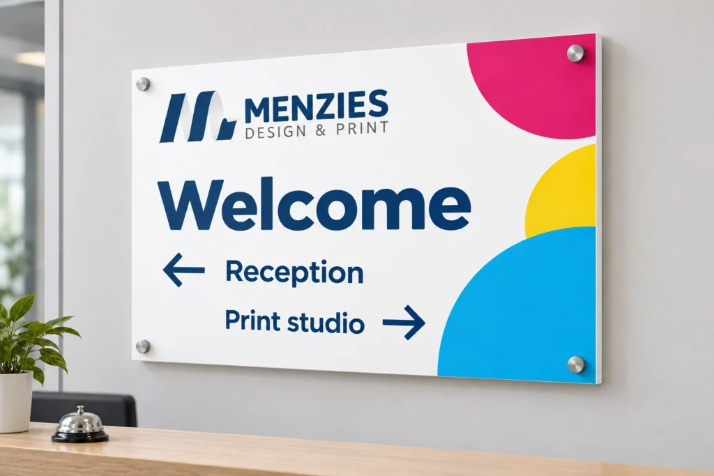 Illustrative Menzies information board mounted in a reception area.