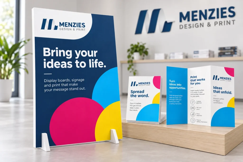 Illustrative promotional Foamex board in an indoor display.