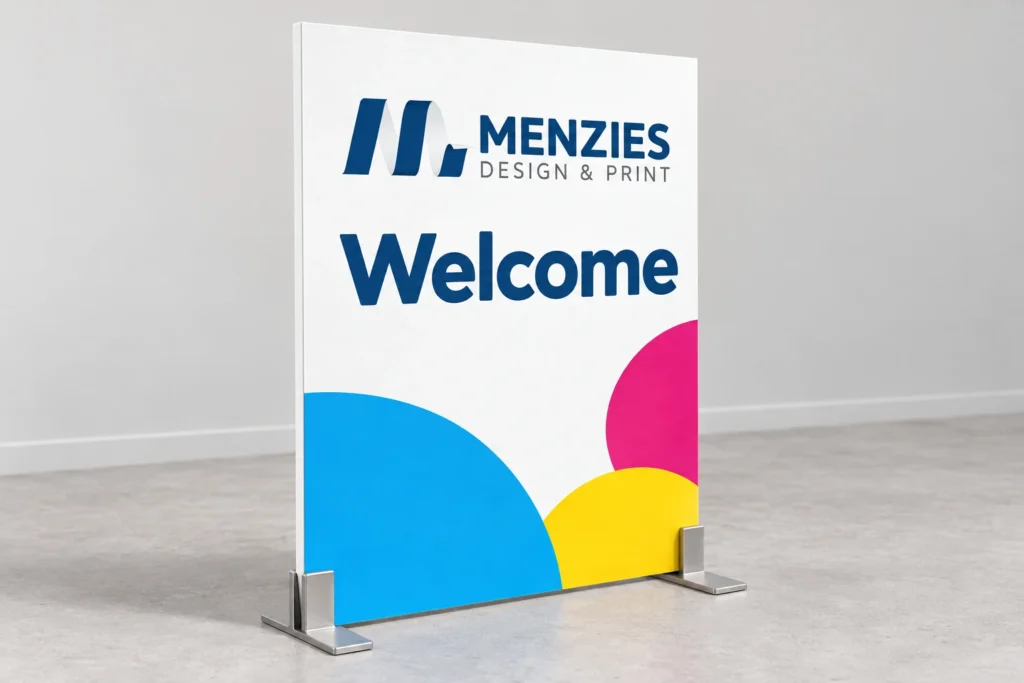 Illustrative printed Foamex panel supported in a freestanding display holder.