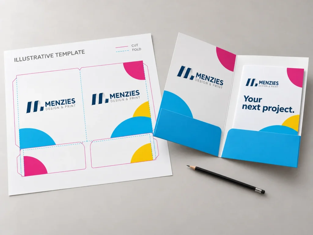 Illustrative folder cutting template beside a matching assembled presentation folder.