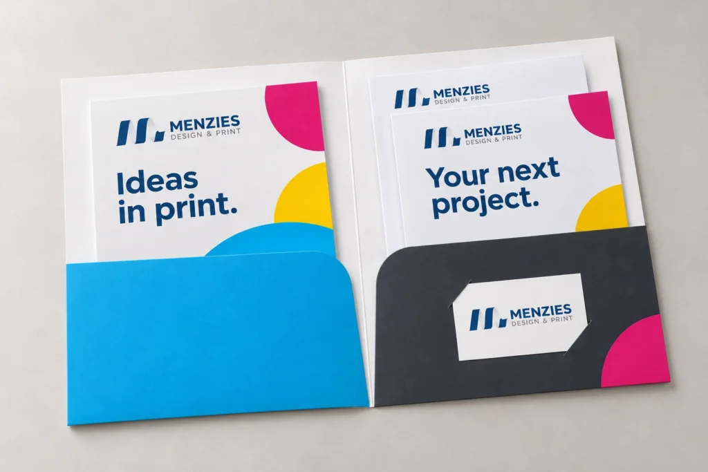Illustrative open presentation folder with documents held in two separate pockets.