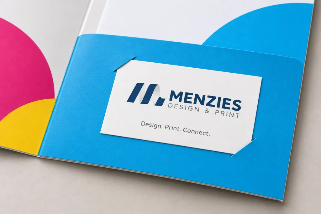 Illustrative close-up of a folder pocket, board edge and business card held in slots.