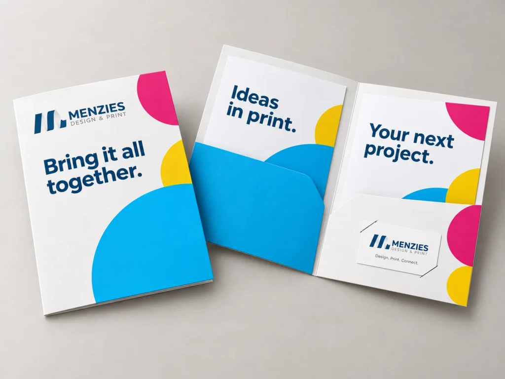 Illustrative Menzies presentation folder opened with matching brochure inserts.