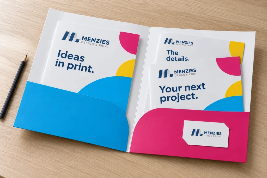 Illustrative Menzies folder with coordinated brochure and document inserts neatly arranged.