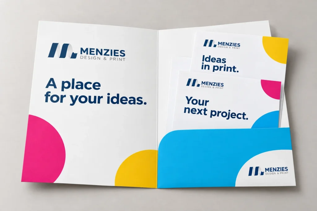 Illustrative open folder with one right-hand pocket and sample inserts.
