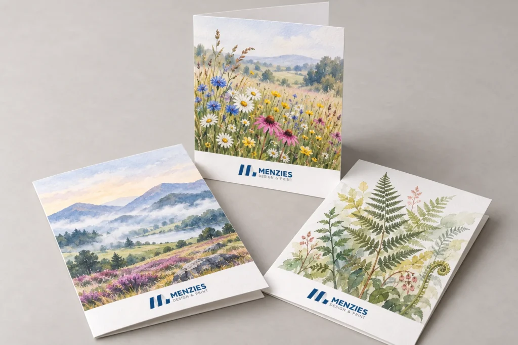 Illustrative art greetings cards with botanical and landscape covers and discreet Menzies branding.