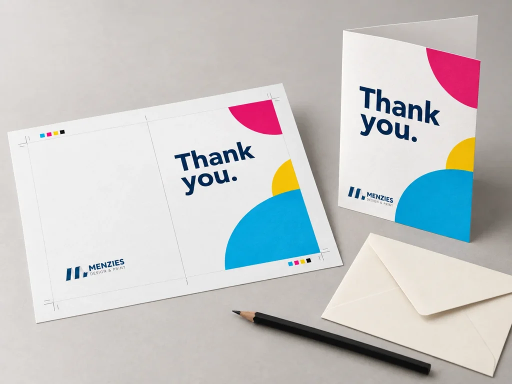 Illustrative greetings-card artwork proof beside the matching folded printed card.