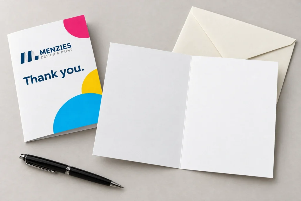 Illustrative greetings card opened to two blank writing panels beside its branded cover.
