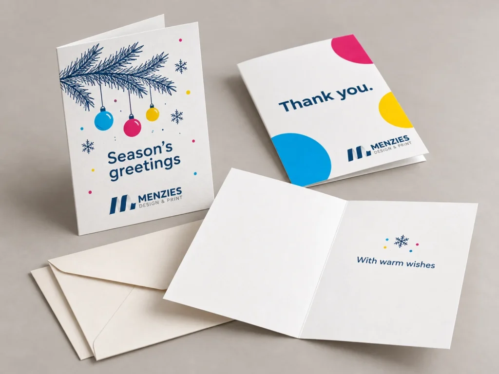 Illustrative Menzies greetings cards with printed covers, an open inside and envelopes.