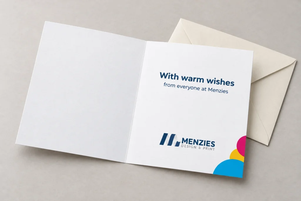 Illustrative open greetings card with a printed message and room for handwriting.